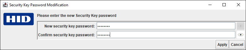 HID Security Key Password Modification dialog box HID Security Key Password Modification dialog box where the New security key password has been entered and confirmed and the Apply button is enabled